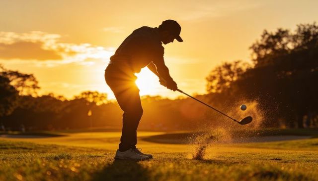 Male golfer hitting ball on fairway at sunset silhouette with divot flying golden hour