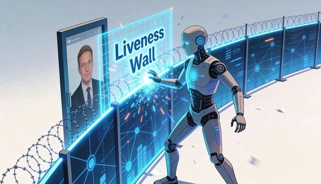Android verifying identity with holographic liveness wall at biometric security checkpoint
