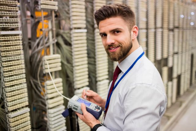 Portrait of technician using digital cable analyzer in server room