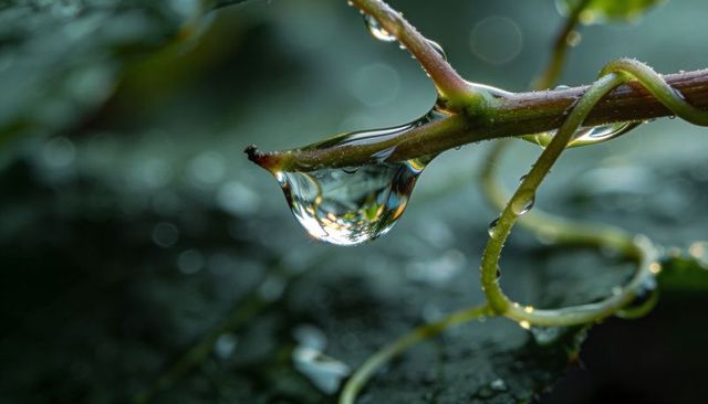 Water droplet refracting foliage on vine tendril with macro dew and soft bokeh morning light