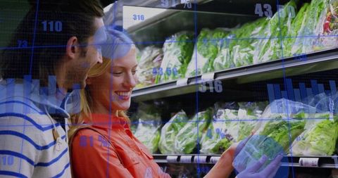 Couple comparing packaged greens with retail data overlay for shopper analytics