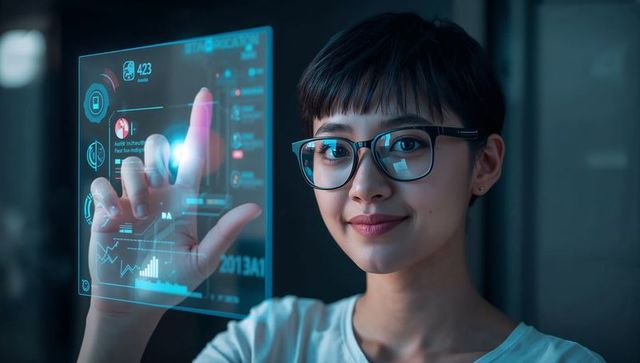 Asian Woman Touching Holographic Touchscreen Panel in Tech Lab