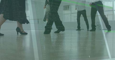 Colleagues Walking with Technology Overlay in Chic Office