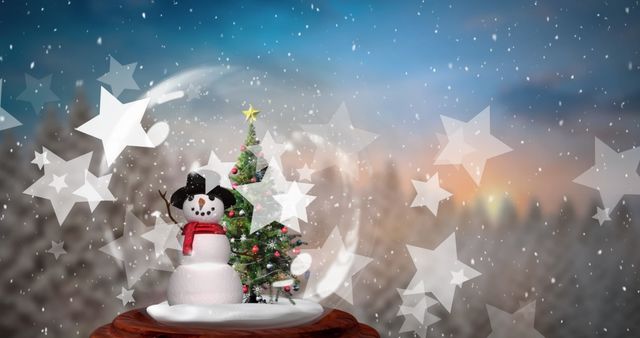 Snow Globe with Christmas Tree and Snowman Amidst Falling Stars - Download Free Stock Images Pikwizard.com