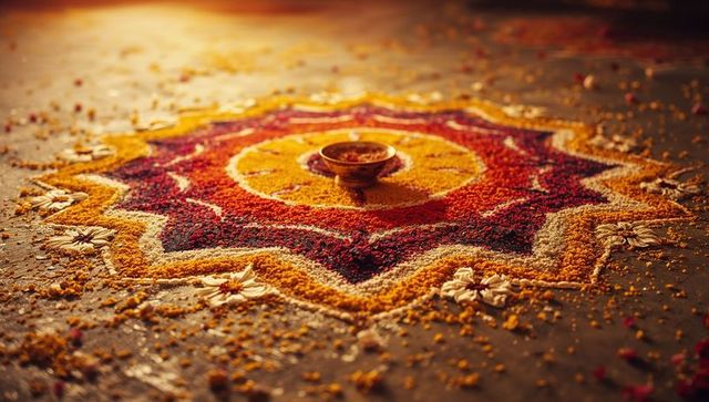 Star rangoli with petals and bowl on festive floor display