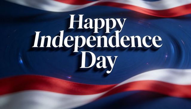 Happy independence day embossed typography on navy blue with red white ribbon stripes
