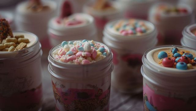 Layered Dessert Jars with Colorful Toppings on Display