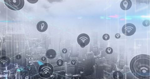 Floating Network Icons Over City Skyline