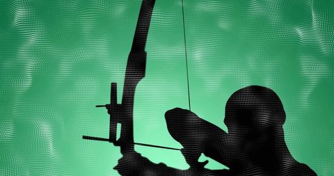 Archer Silhouette Aim Bow Against Vibrant Green Patterned Background