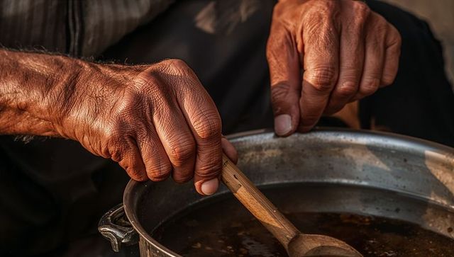 Stirring weathered hands over stew pot, rustic senior cooking closeup with wooden ladle