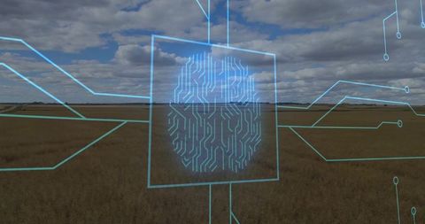 Futuristic fingerprint hologram over scenic landscape