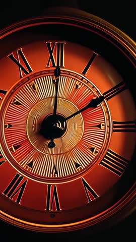 Vertical video of antique clock face ticking with Roman numerals, visible gears, warm glow