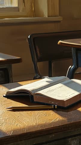 Vertical classroom streaming sunlight across wooden desk with open textbook and pencil