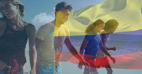 Friends walking on beach with colombian flag overlay, laughing and enjoying summer coast