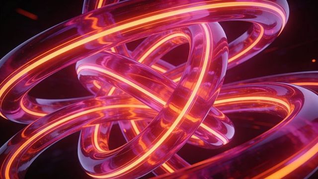 Glowing interwoven neon torus rings rotating magenta orange 3d abstract design