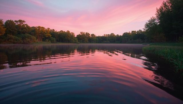 Tranquil lake reflecting colorful dawn sky at grassy shore