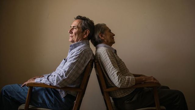 Two senior men sitting back-to-back on wooden chairs reflecting on companionship and aging