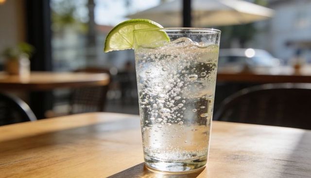 Sunlit sparkling drink glowing with lime wedge on wooden cafe table