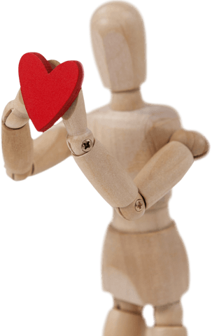 Transparent Wooden Figurine Holding Red Heart Symbol