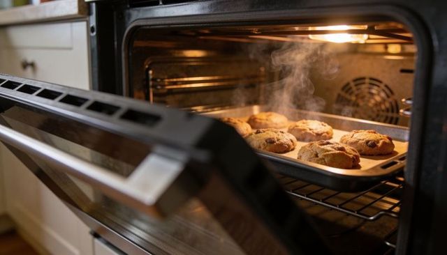 Steaming chocolate chip cookies baking on tray in warm home oven releasing cozy aroma