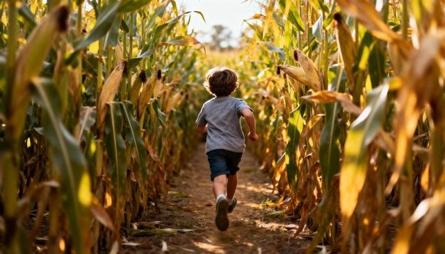 Boy running down sunlit cornfield path at golden hour, childhood adventure outdoors view