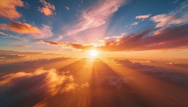 Golden sunrise casting dramatic crepuscular rays over layered clouds toward horizon