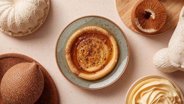 Caramel custard with torched sugar and seed garnish on blue-rimmed plate