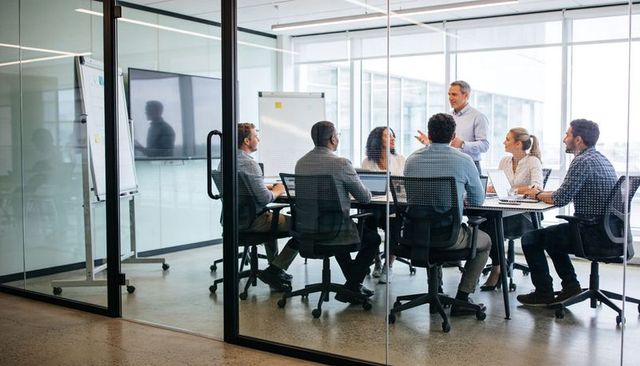 Executive presenting to team in glass conference room with laptops, whiteboard, monitor