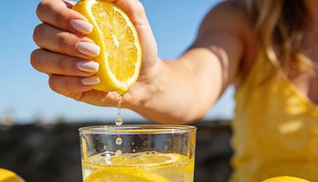 Hand squeezing fresh lemon over tall glass with lemon slices on sunny patio