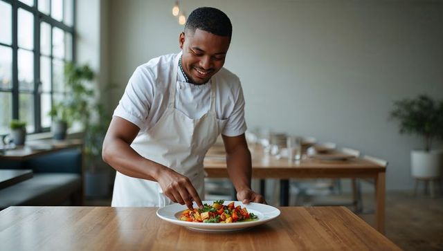Smiling chef plating gourmet vegetable dish in modern minimalist restaurant dining room