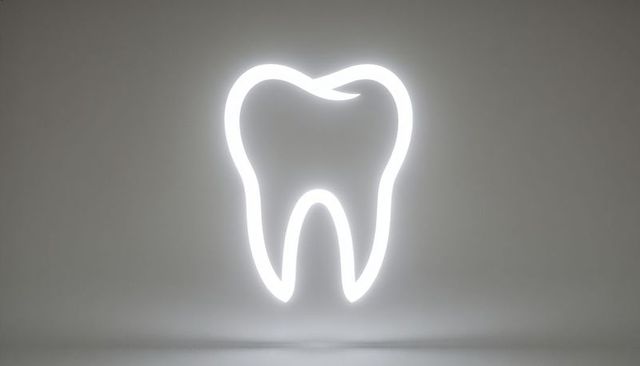 Glowing neon tooth icon casting soft halo on gray wall reflecting on smooth studio floor