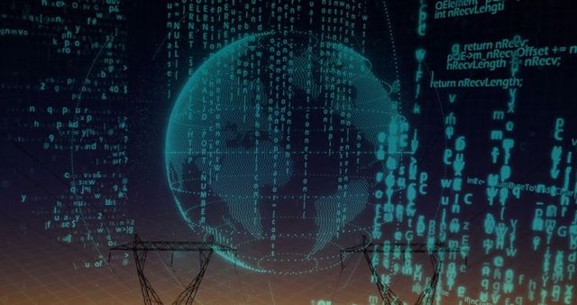 Futuristic Digital Network Display with Globe and Transmission Towers