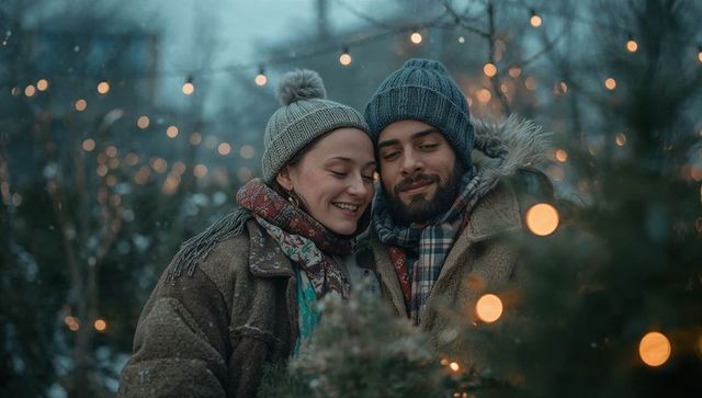 Couple Embracing Winter Magic at Cozy Christmas Tree Farm
