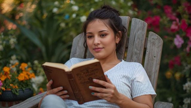 Young woman reading book on adirondack chair in sunlit garden, relaxing outdoors