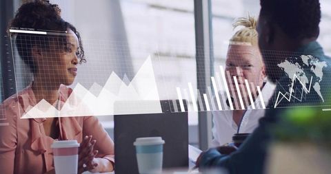 Business team discussing data analytics and growth charts overlay in glass boardroom
