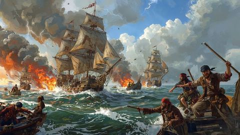 Historical pirate ship battle at sea in turbulent waters