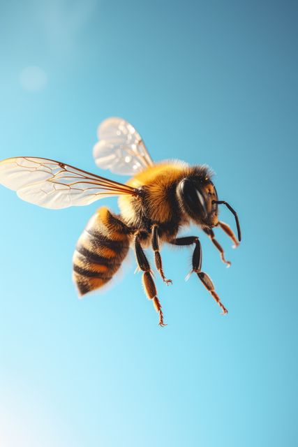 Close up of bee flying in sun against blue sky, created using generative ai technology. Insects, nature, summer and wildlife concept digitally generated image.