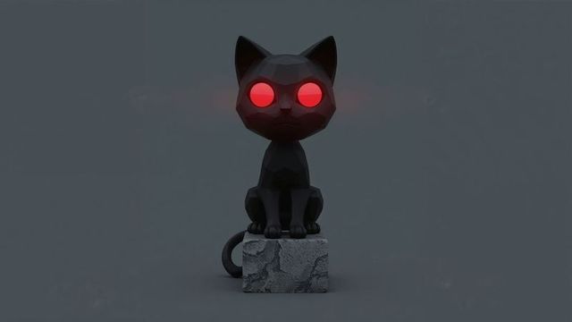 Low-poly black cat sculpture with glowing eyes against grey background