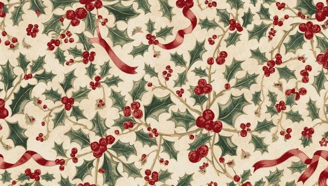 Vintage watercolor holly and red ribbon seamless christmas wrapping paper pattern retro