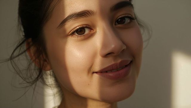 Smiling woman looking toward viewer with soft sunlight and window shadow bands