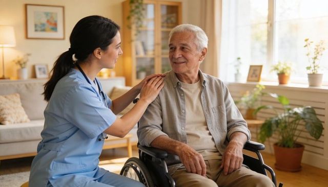 Female nurse offering compassionate home care and support to senior man in wheelchair