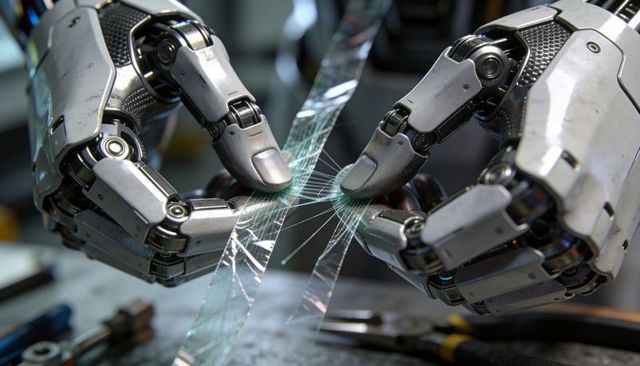 Advanced robotic hands stabilizing cracked glass panel on workbench with tools