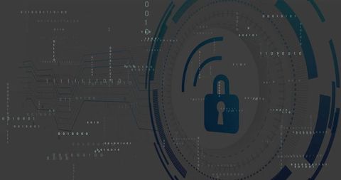 Cybersecurity Lock Icon with Digital Binary Code on Dark Background