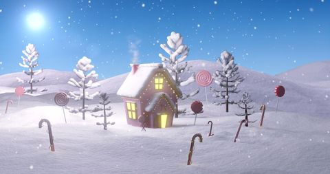 Christmas Cottage and Candy Canes in Snowy Winter Wonderland