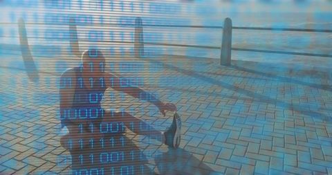 Senior man stretching on waterfront boardwalk with binary data overlay, active aging tech