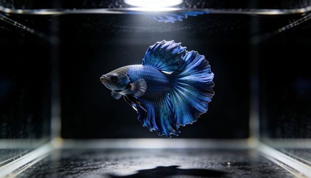 Gliding iridescent blue betta displaying flowing fins under overhead studio spotlight