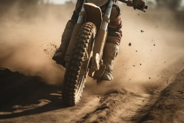 Close up of man riding racing bike on dirt track, created using generative ai technology. Dirt track, racing and sports concept digitally generated image.
