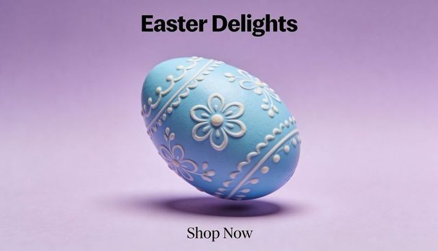 Blue decorative easter egg with white floral lace motif on pastel lavender background