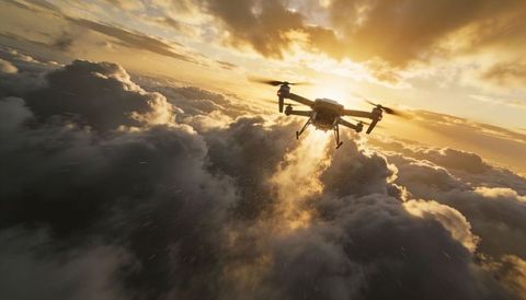 High-altitude quadcopter hovering through golden clouds at sunrise with mist trail