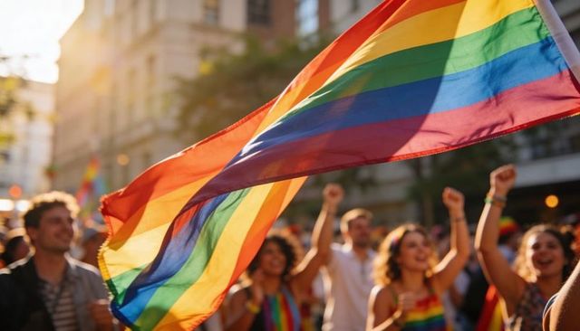 Rainbow pride flag waving over joyful marchers celebrating lgbtq+ unity and inclusion